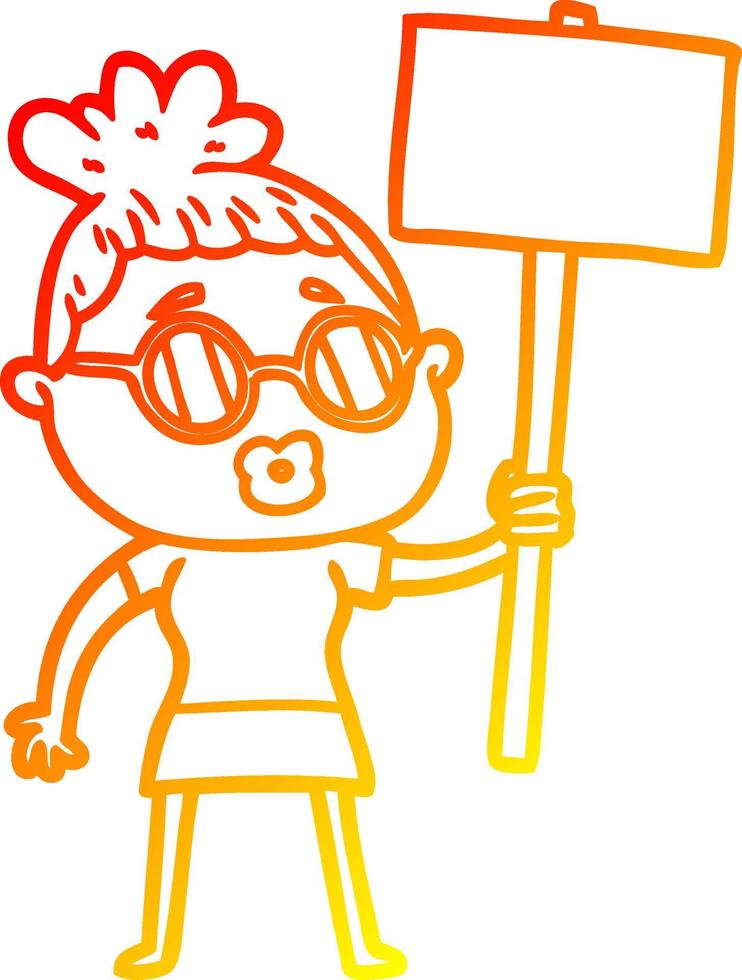 warm gradient line drawing cartoon protester woman wearing spectacles vector