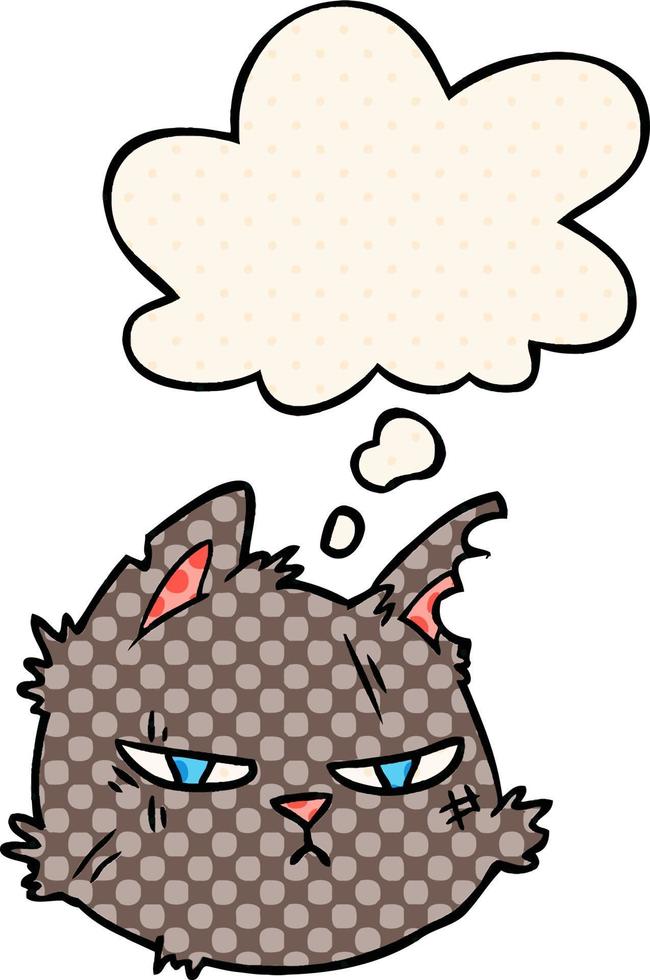 cartoon tough cat face and thought bubble in comic book style vector