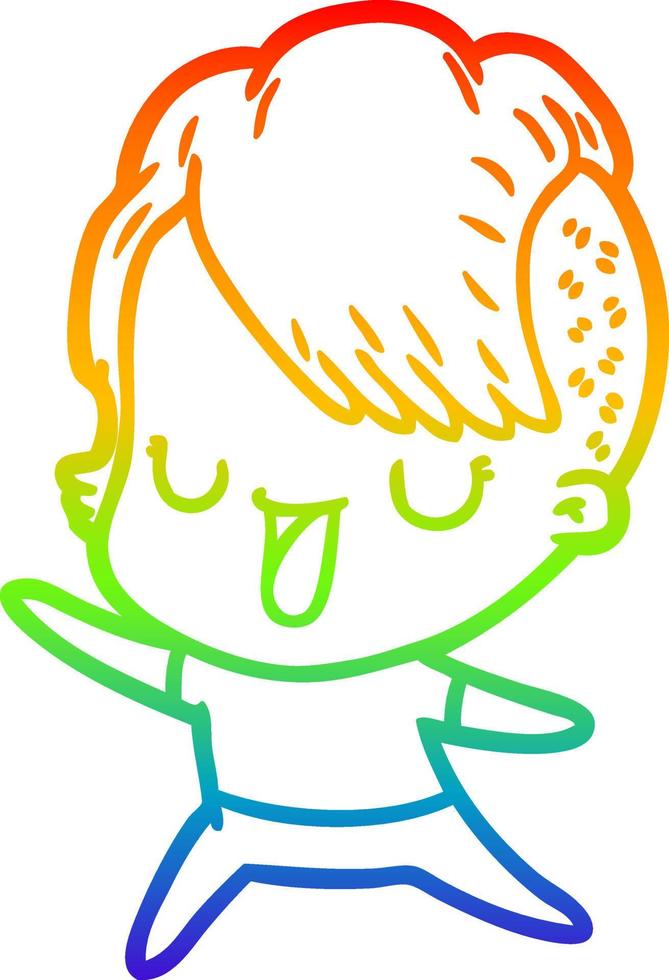rainbow gradient line drawing cute cartoon girl with hipster haircut vector