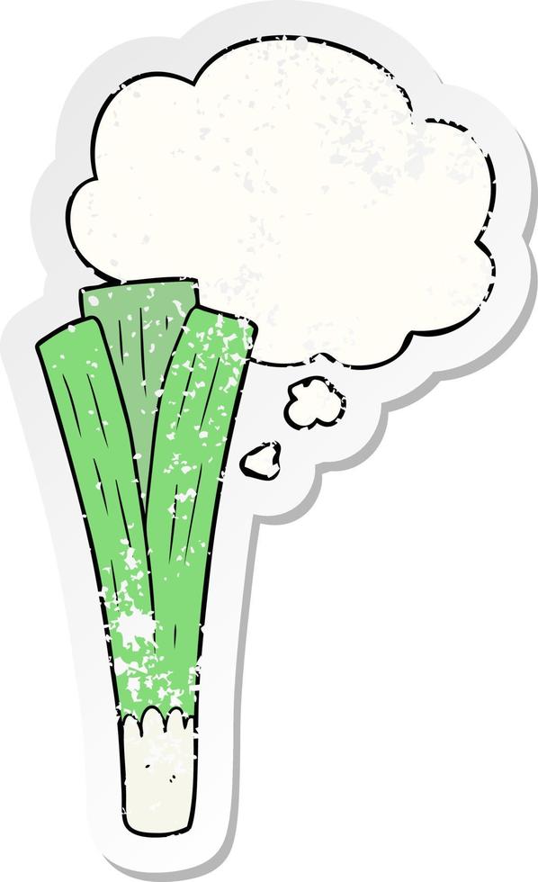 cartoon leek and thought bubble as a distressed worn sticker vector