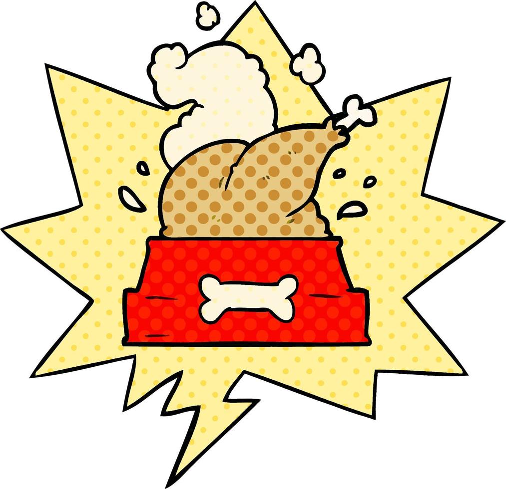 cartoon whole cooked turkey crammed into a dog bowl for a happy christmas pup and speech bubble in comic book style vector