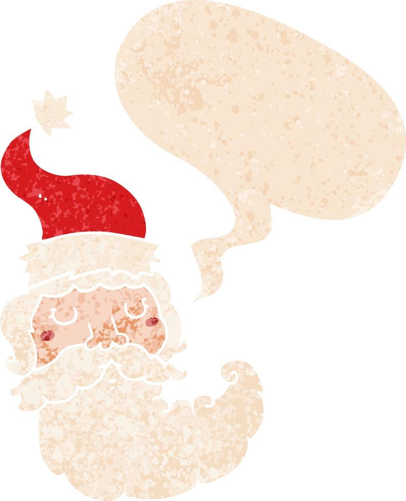 cartoon santa face and speech bubble in retro textured style vector