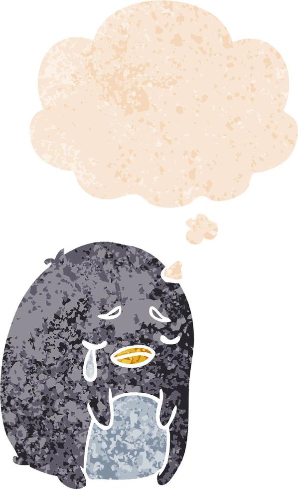 pingüino llorando de dibujos animados y burbuja de pensamiento en estilo retro texturizado vector