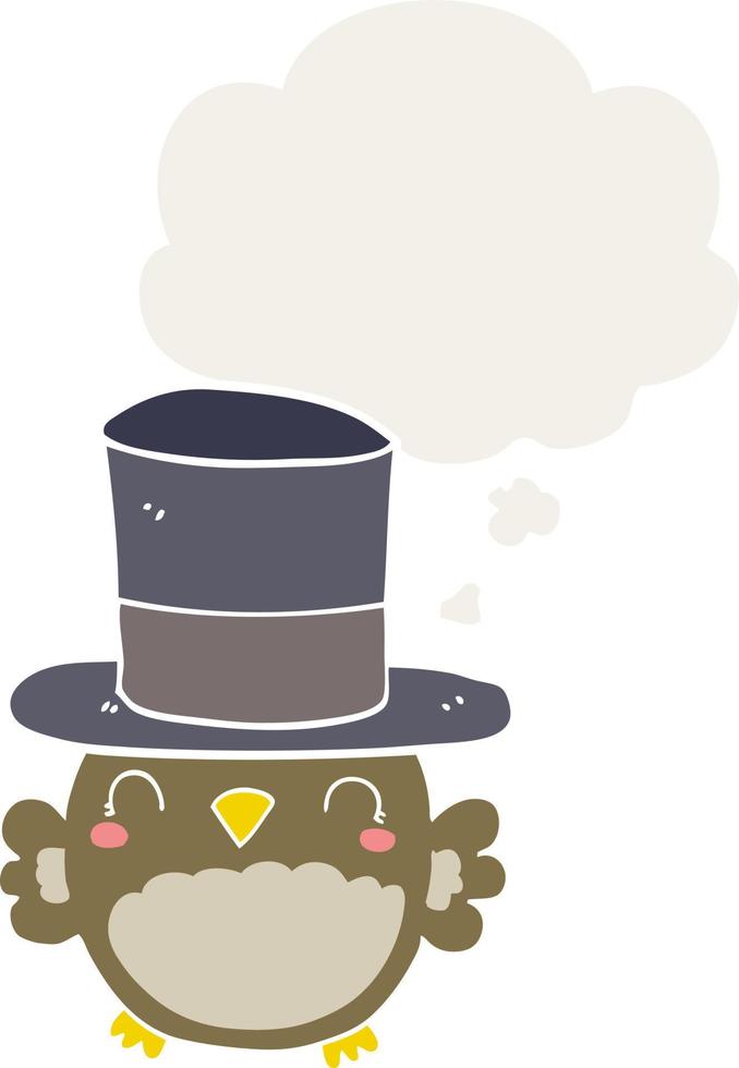 cartoon owl wearing top hat and thought bubble in retro style vector