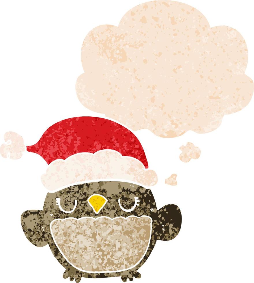 cute christmas owl and thought bubble in retro textured style vector