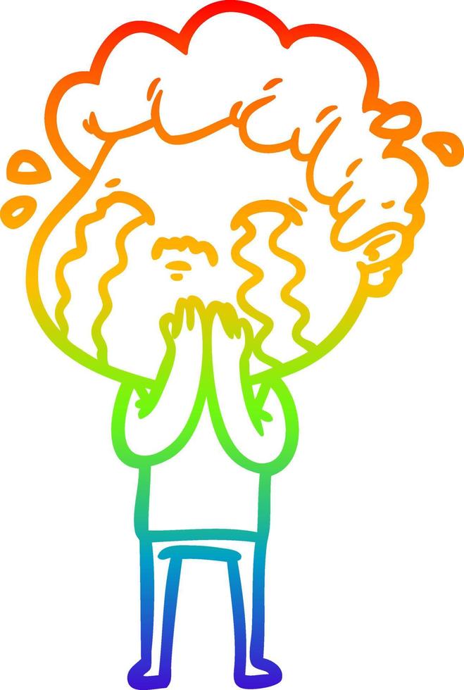 rainbow gradient line drawing cartoon man crying vector