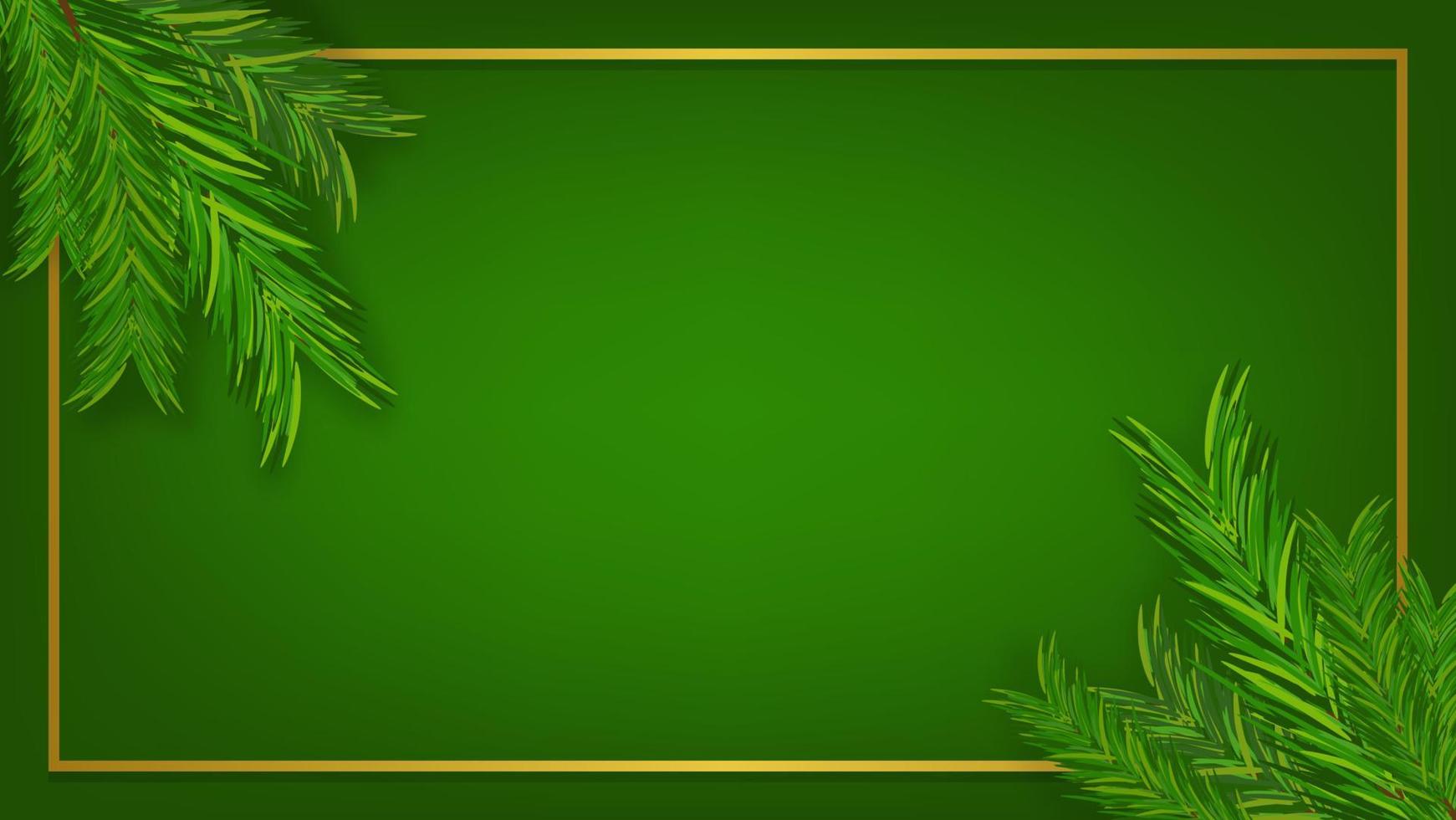 blank green gradient color lighting background with gold frame and pine branches vector