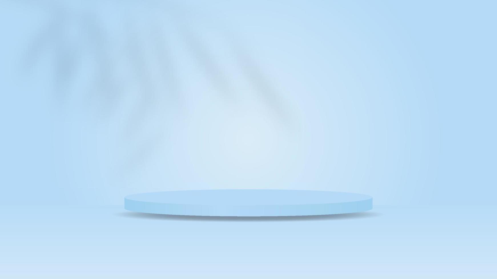 blank blue podium for product display. cosmetic advertising stand on lighting background with leaves shadow vector