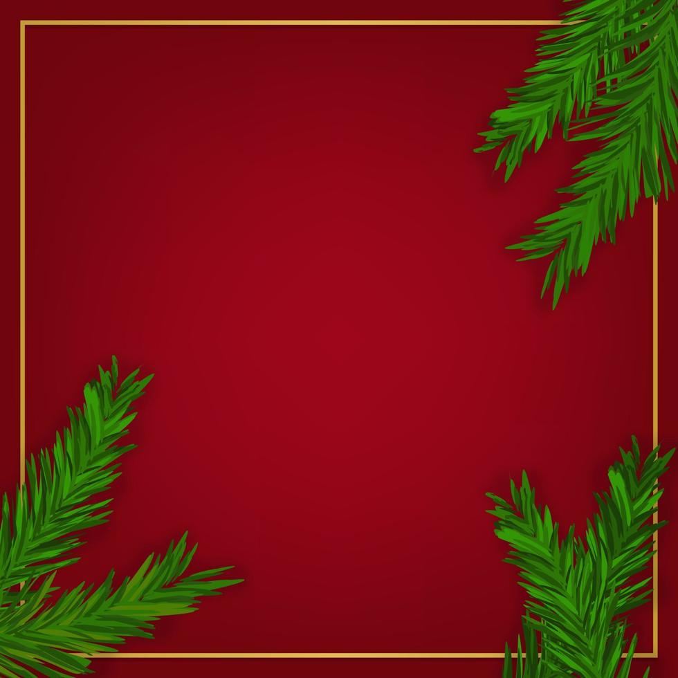 blank red background with gold square frame and green pine branches vector
