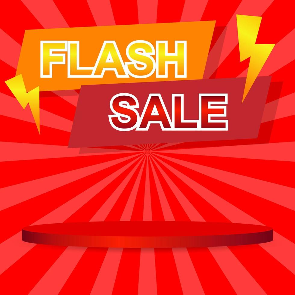 flash sale banner with blank red podium on sunburst pattern background vector