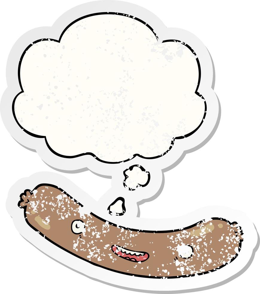 cartoon sausage and thought bubble as a distressed worn sticker vector