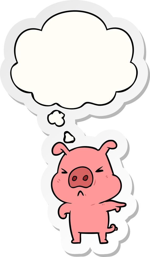 cartoon angry pig and thought bubble as a printed sticker vector