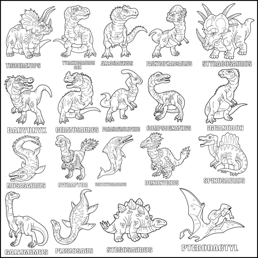 dinosaurios prehistóricos, conjunto de imágenes, libro para colorear vector