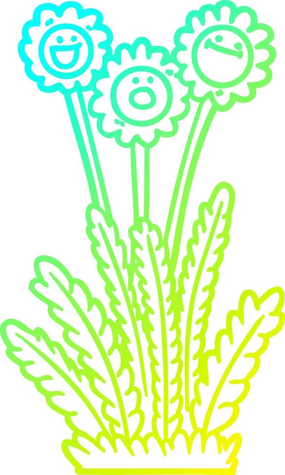 línea de gradiente frío dibujo dibujos animados flores felices vector