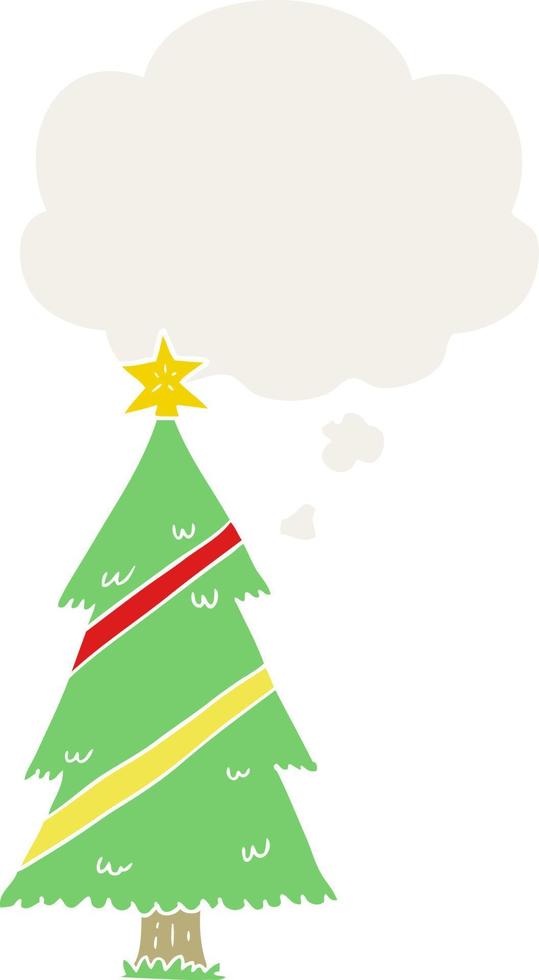 árbol de navidad de dibujos animados y burbuja de pensamiento en estilo retro vector