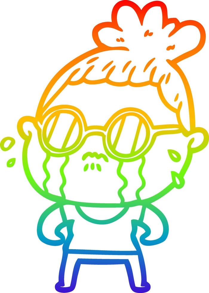 rainbow gradient line drawing cartoon crying woman wearing sunglasses vector