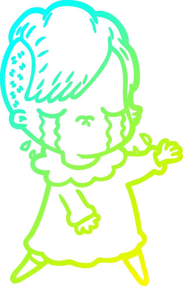cold gradient line drawing cartoon crying girl vector
