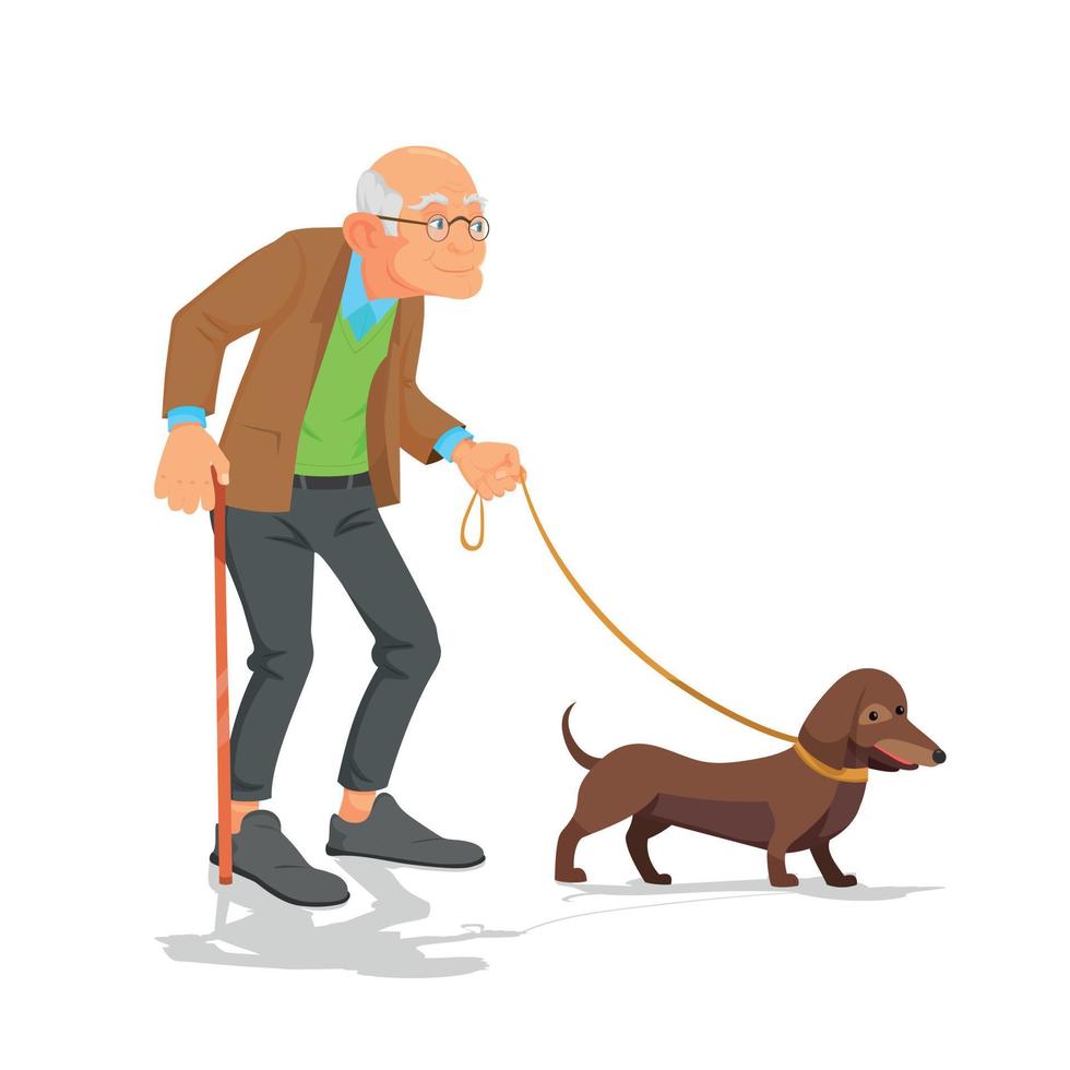 old man walking with dog mascot in white background vector