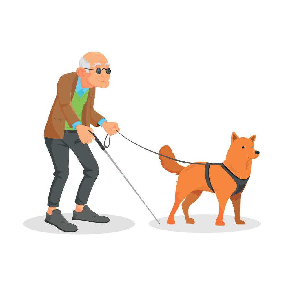 Blind old man character and dog guide. vector