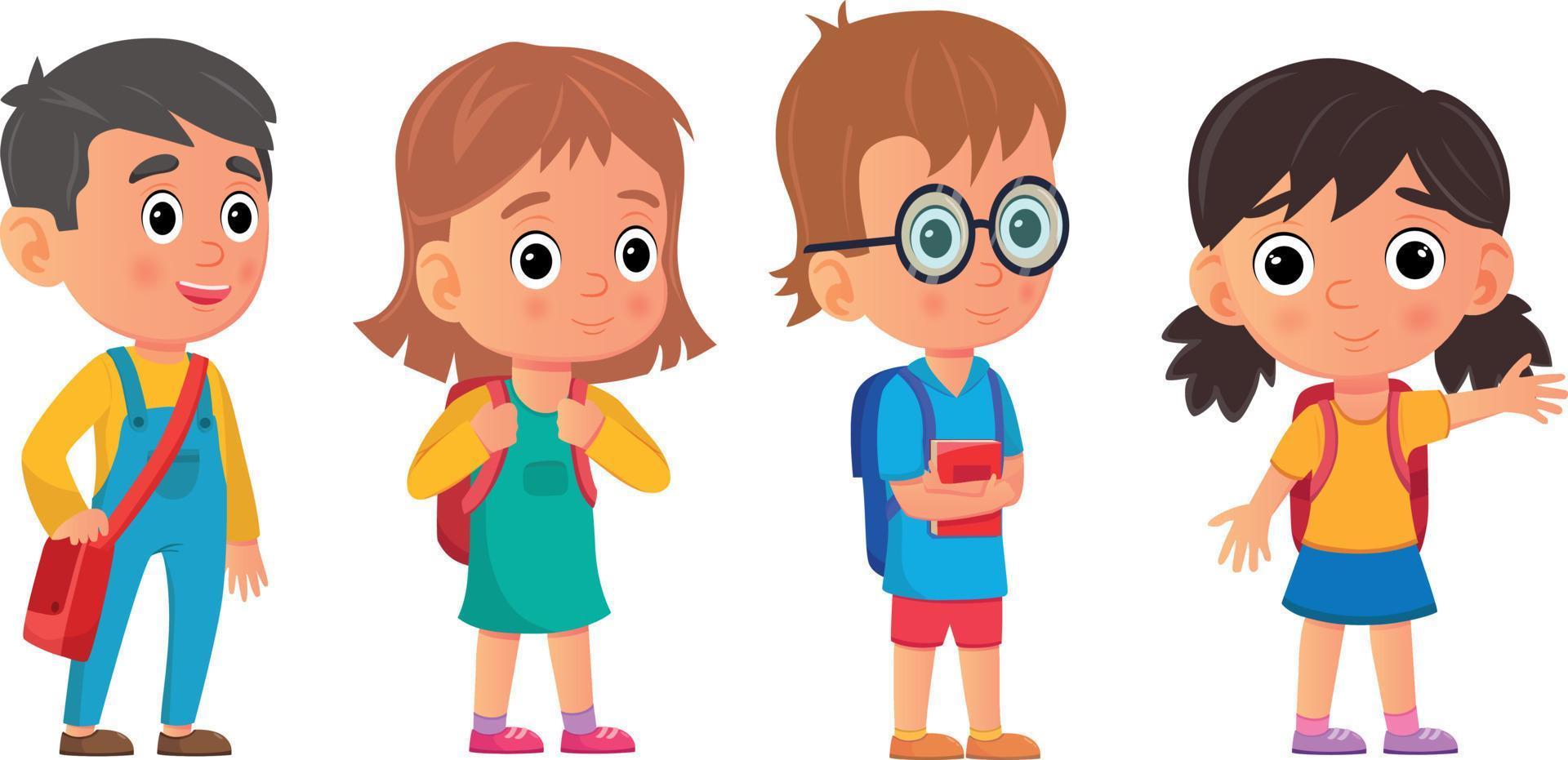 Set of school kids with school supplies.Pupils with books and backpacks. Set of preschoolers children teenagers characters vector