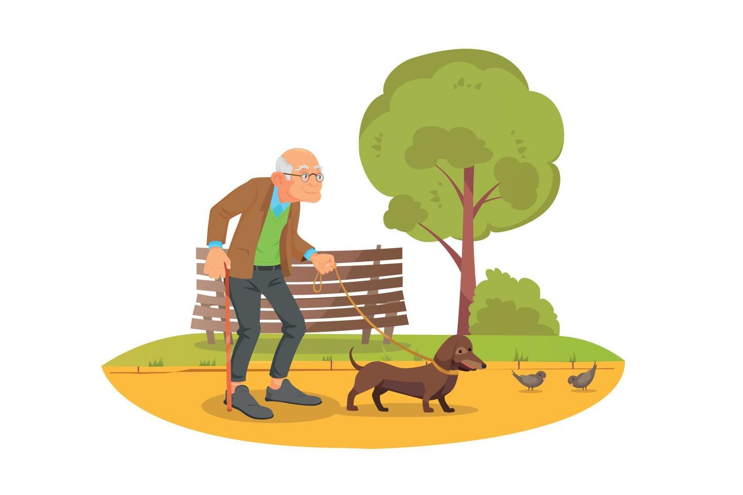 old man walking with dog mascot on a park background vector