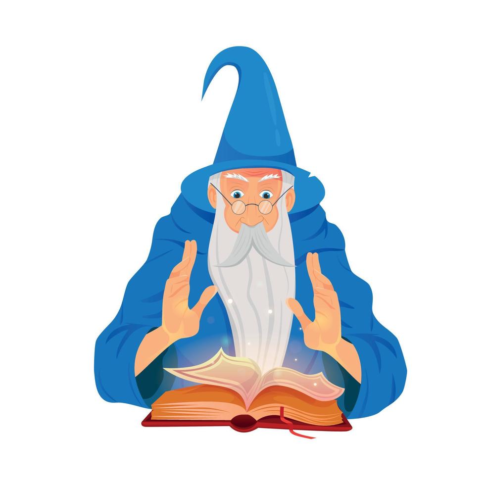 Old wizard and reading spell book on white background. Warlock, sorcerer, old beard man in blue wizards robe, hat. vector