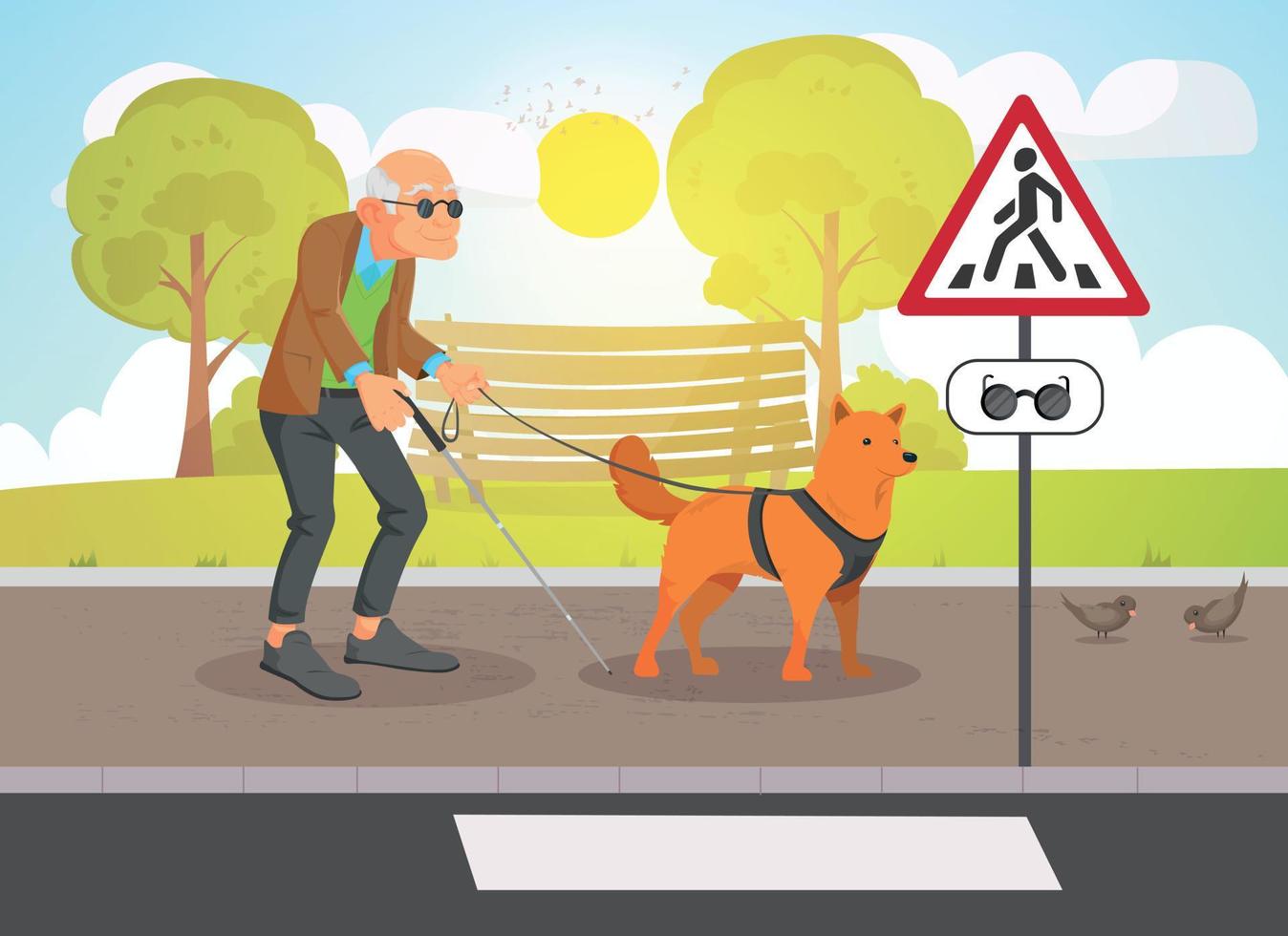 personaje anciano ciego caminando con perro guía en el fondo de la calle vector