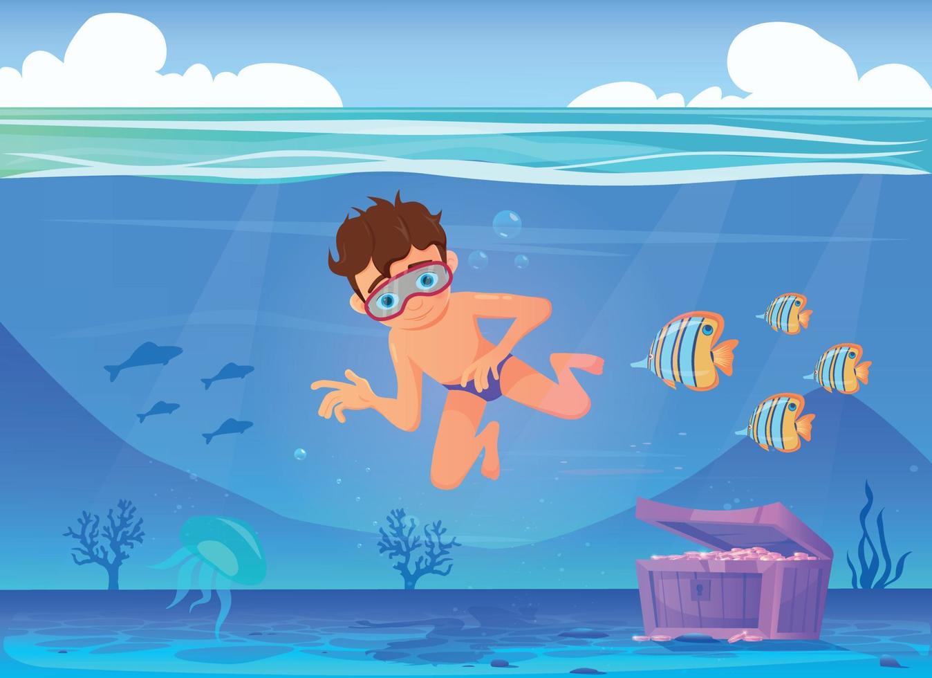 ilustración vectorial de un niño de dibujos animados buceando en el océano vector