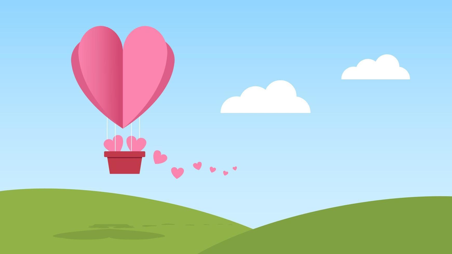 balloon with heart trail on blue sky with white cloud above green hill. love and care concept vector