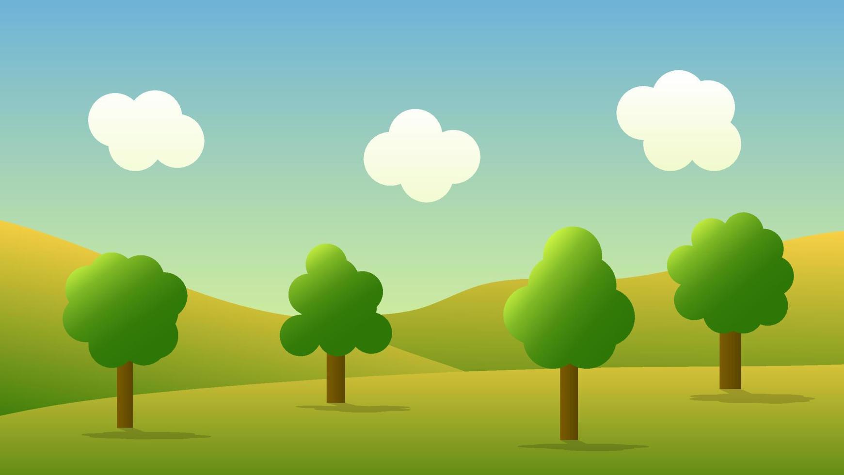 landscape cartoon scene with green trees on hills and white fluffy cloud in summer blue sky background vector