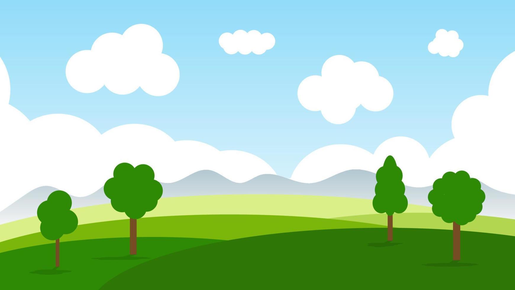 landscape cartoon scene with green trees on hills and white fluffy cloud in summer blue sky background vector