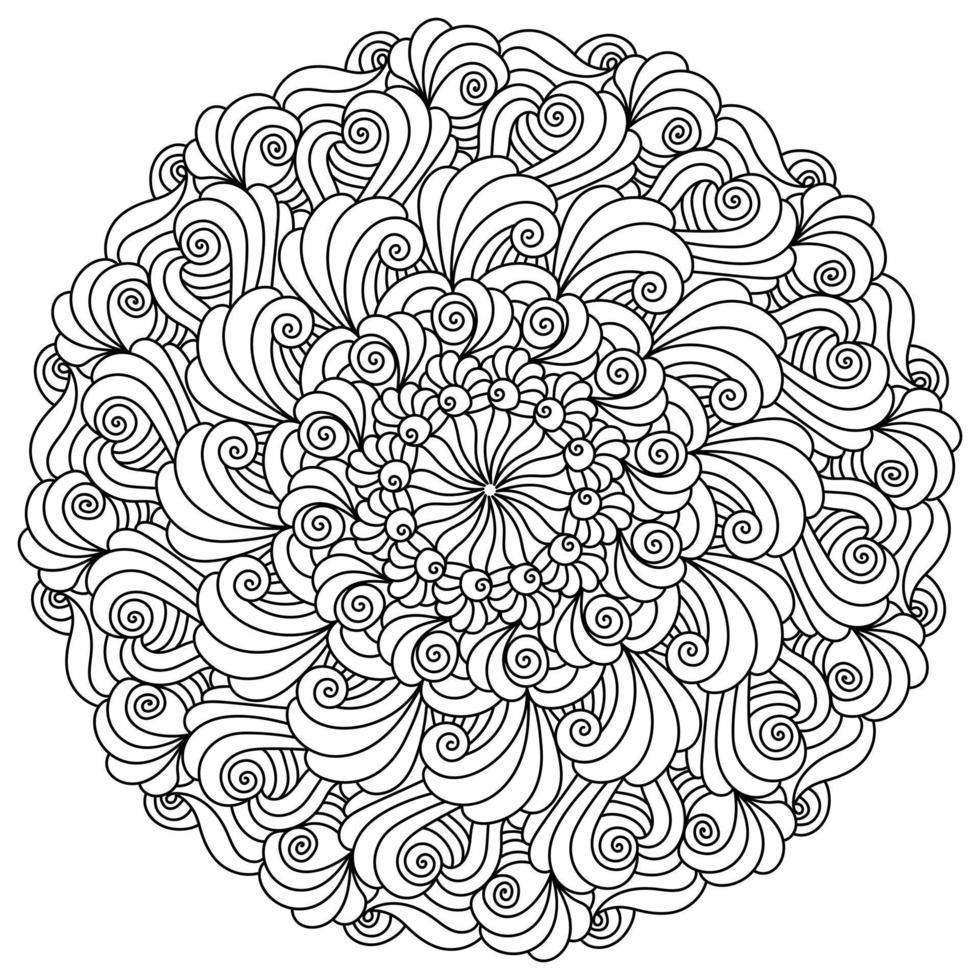 Outline mandala with many curls and twists, symmetrical coloring page with ornate zen motifs vector