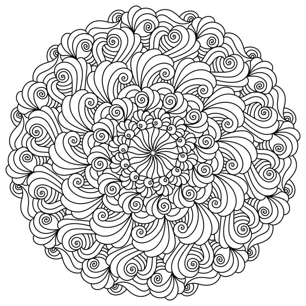 mandala de contorno con muchos rizos y giros, página de color simétrica con motivos zen ornamentados vector