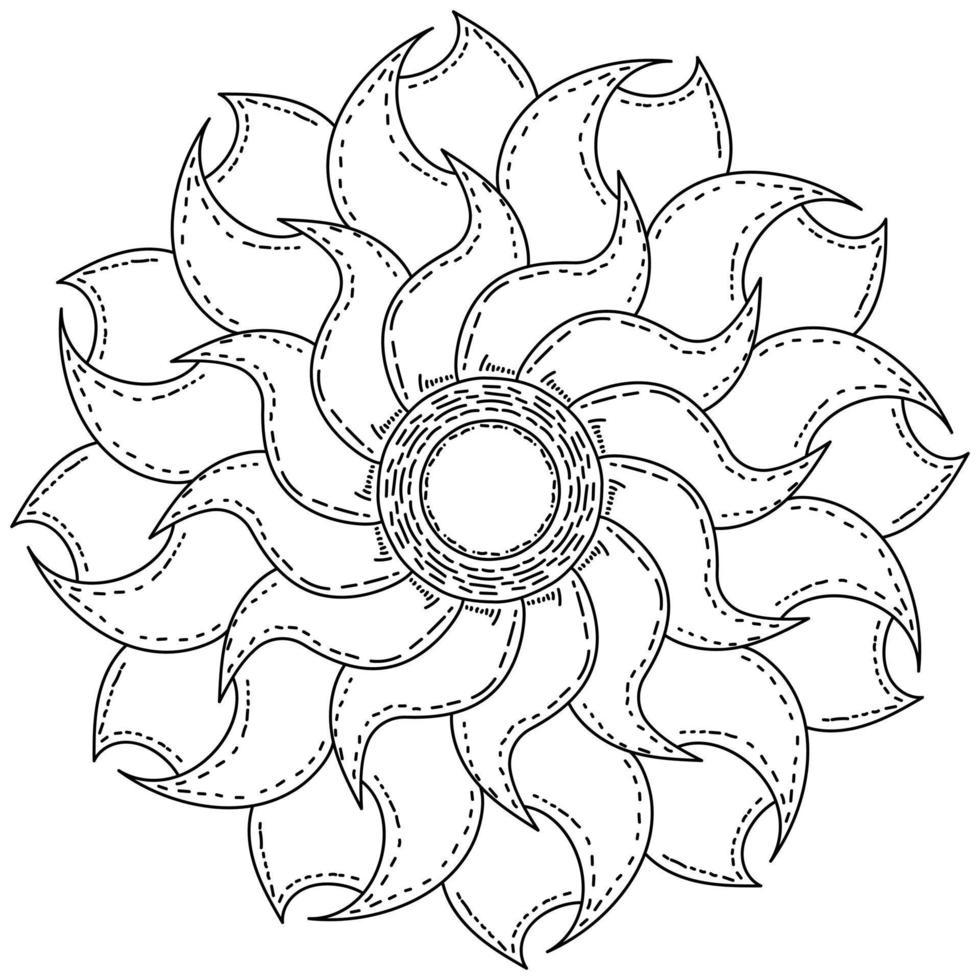 Mandala sun with shaded rays in three layers, coloring page with ornate petals vector