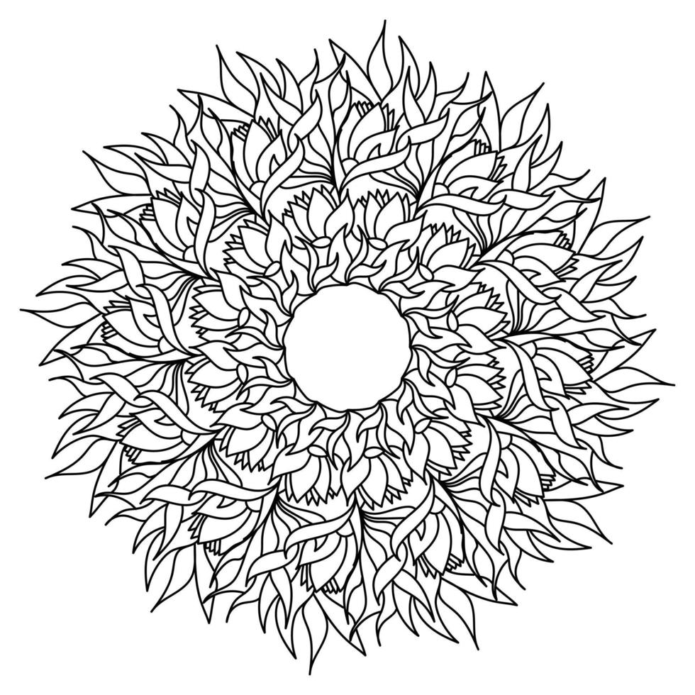 Magnolia contour mandala, zen coloring page in the shape of a round frame with flower petals vector