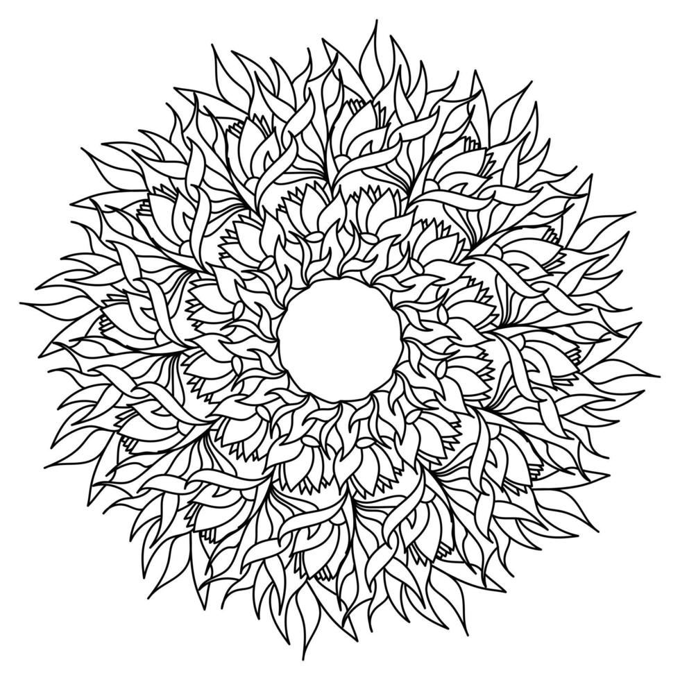 Magnolia contour mandala, zen coloring page in the shape of a round frame with flower petals vector
