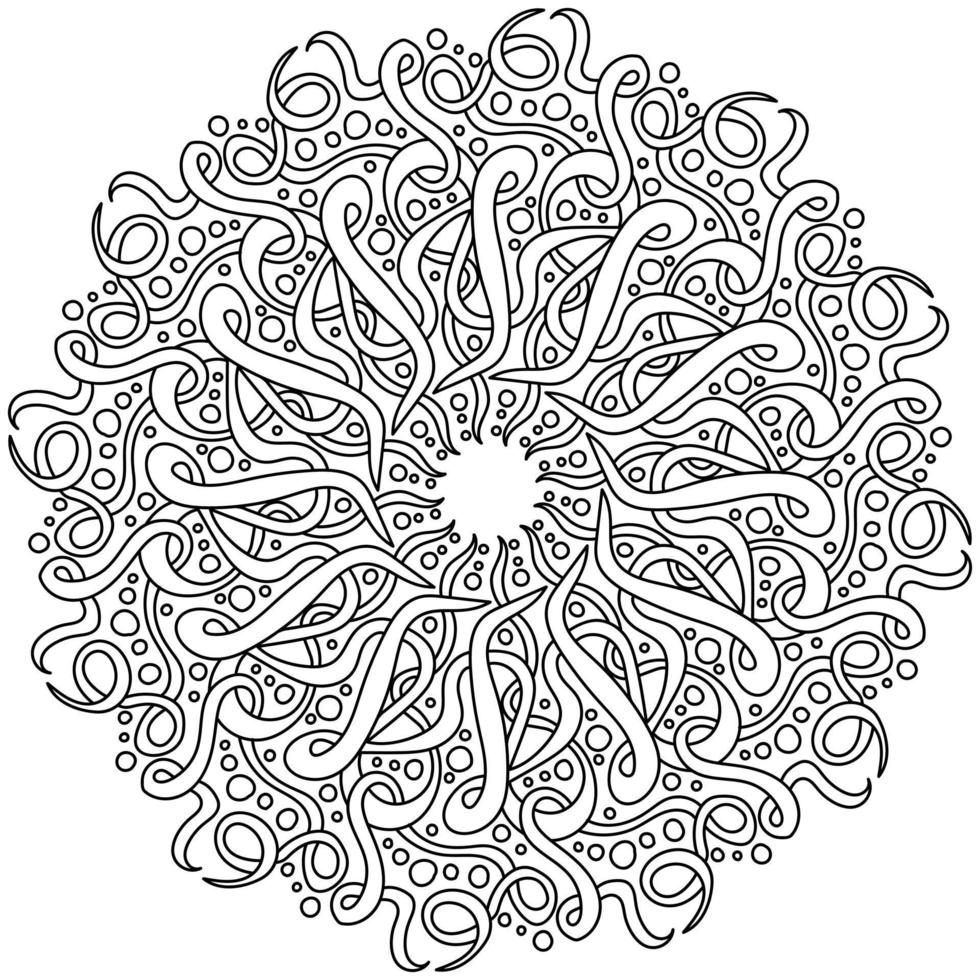 Contour mandala with tangled curls and circles of different sizes, ornate loops in zen coloring page vector