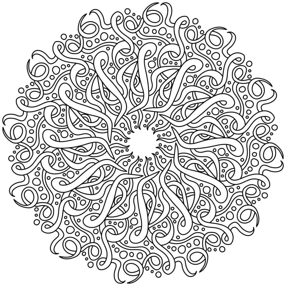 Contour mandala with tangled curls and circles of different sizes, ornate loops in zen coloring page vector