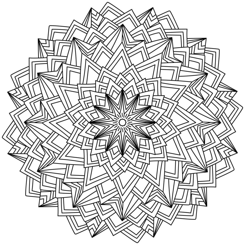Contour zen mandala with many triangular rays, anti stress coloring page vector
