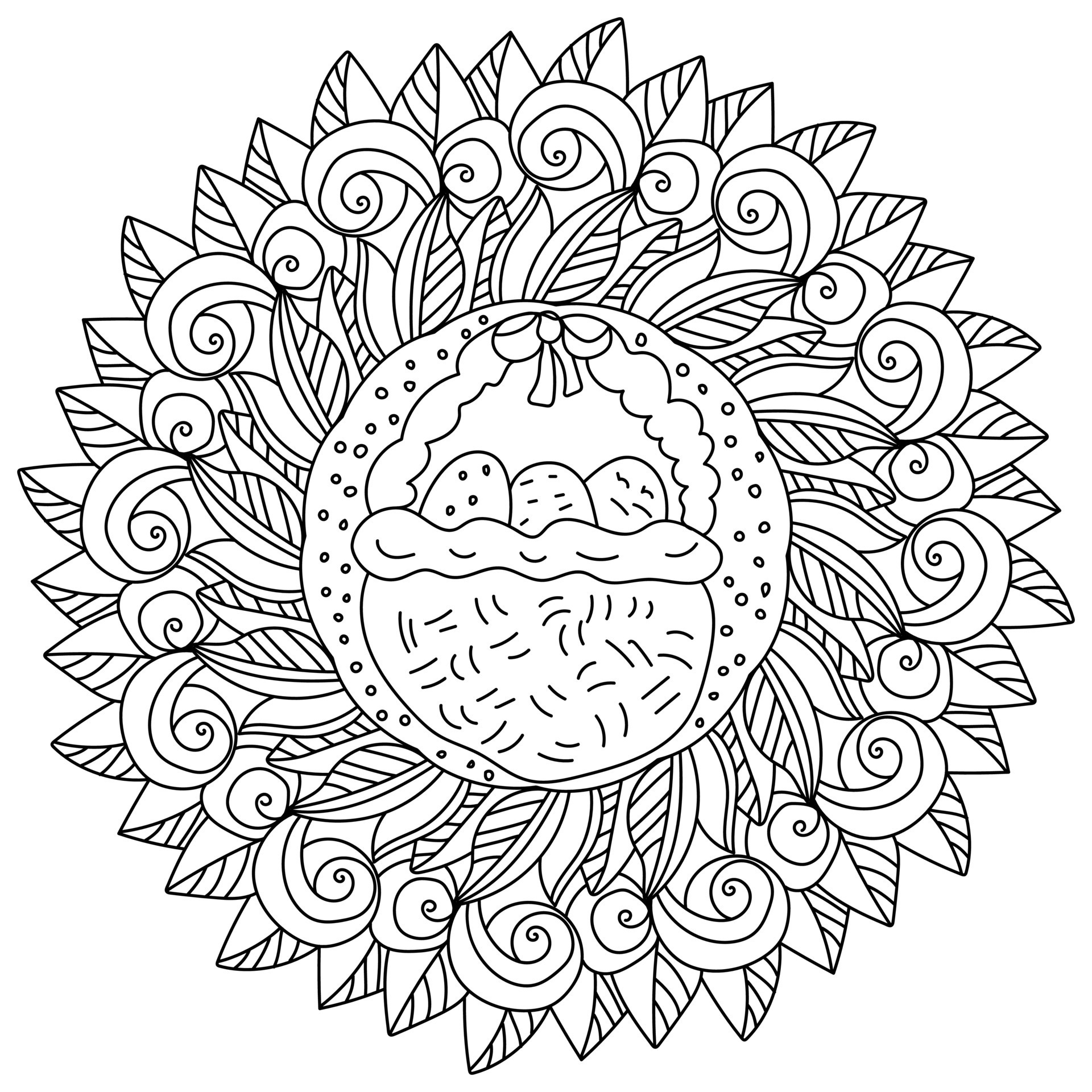 Easter mandala with basket of decorated eggs in the center, holiday