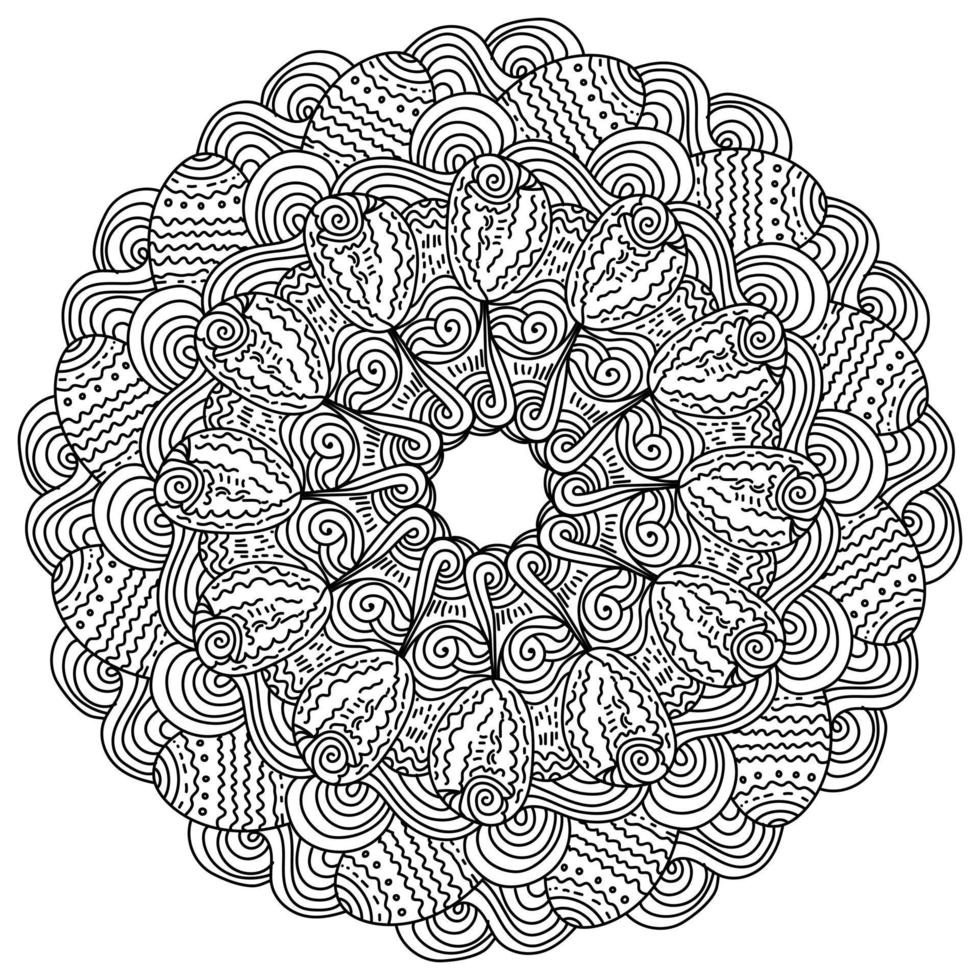 Easter eggs mandala with curls and wavy lines, holiday coloring page in the shape of a round frame vector