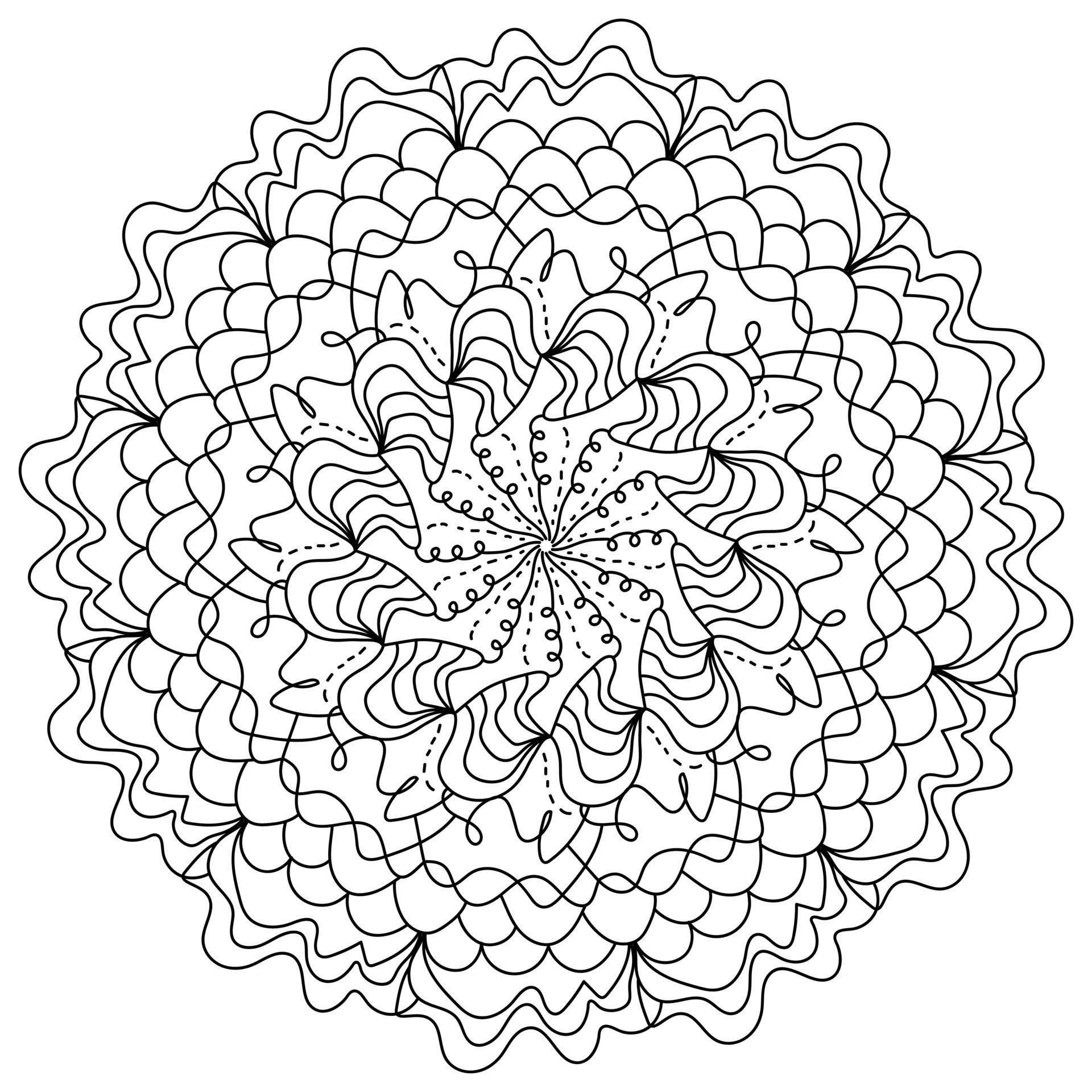 Wavy mandala with spiral lines and weaves, zen coloring page for