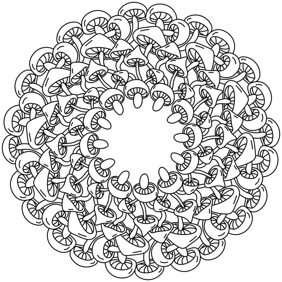 Mushroom mandala, coloring page in the form of a round frame of mushrooms with thick caps vector
