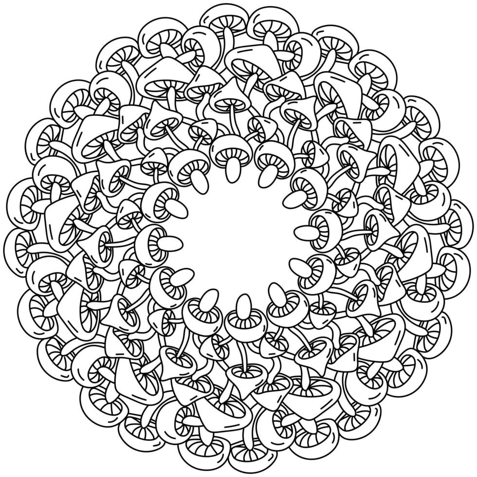 Mushroom mandala, coloring page in the form of a round frame of mushrooms with thick caps vector