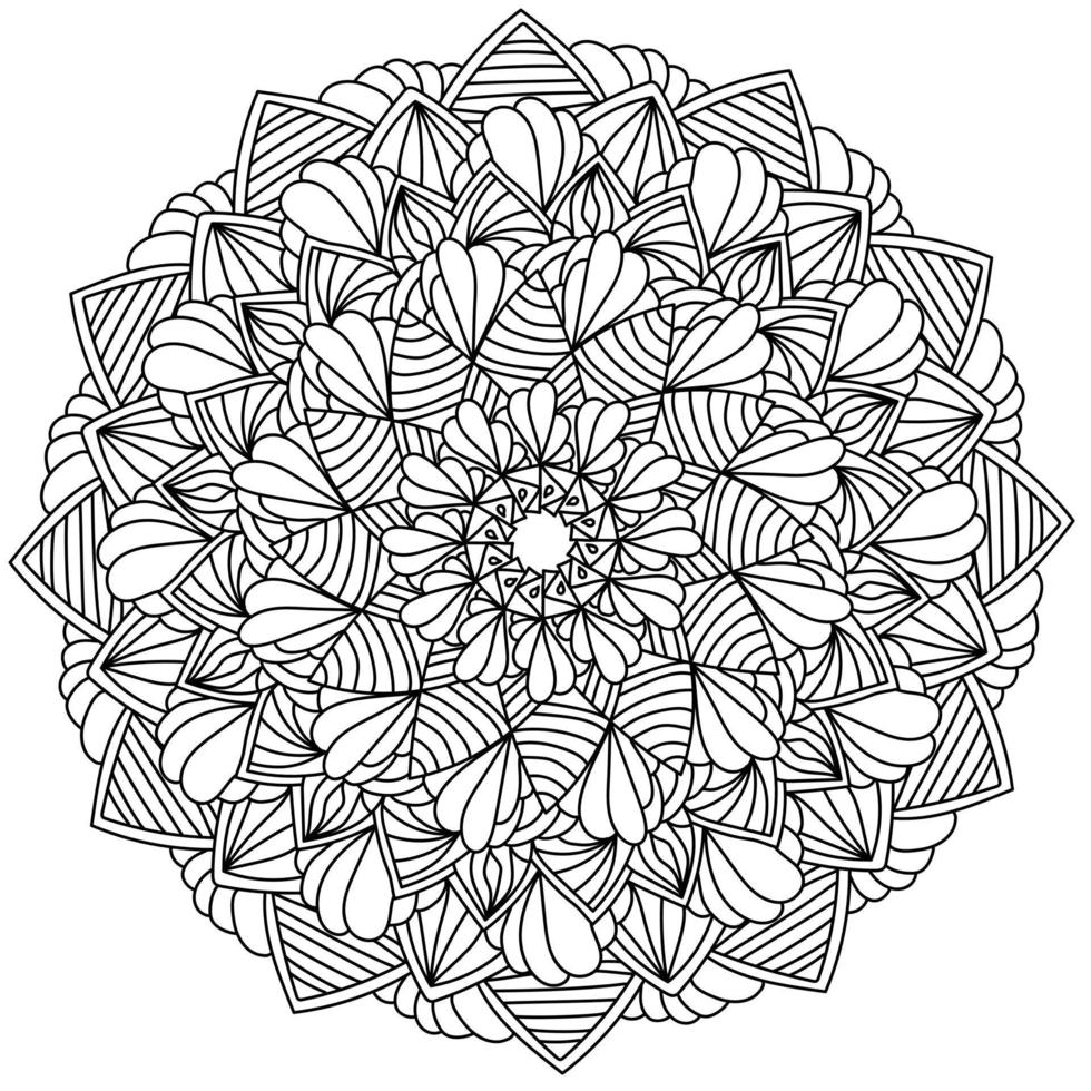 Ornate zen mandala with many curls and a petal, meditative coloring page for design and creativity vector