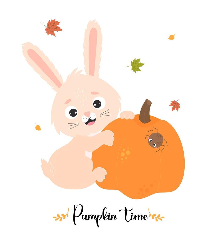 Autumn card with Cute rabbit with pumpkin, spider and autumn leaves. Vector illustration with funny bunny character. Autumn poster - Pumpkin time. For design, print, postcards, flyers and print