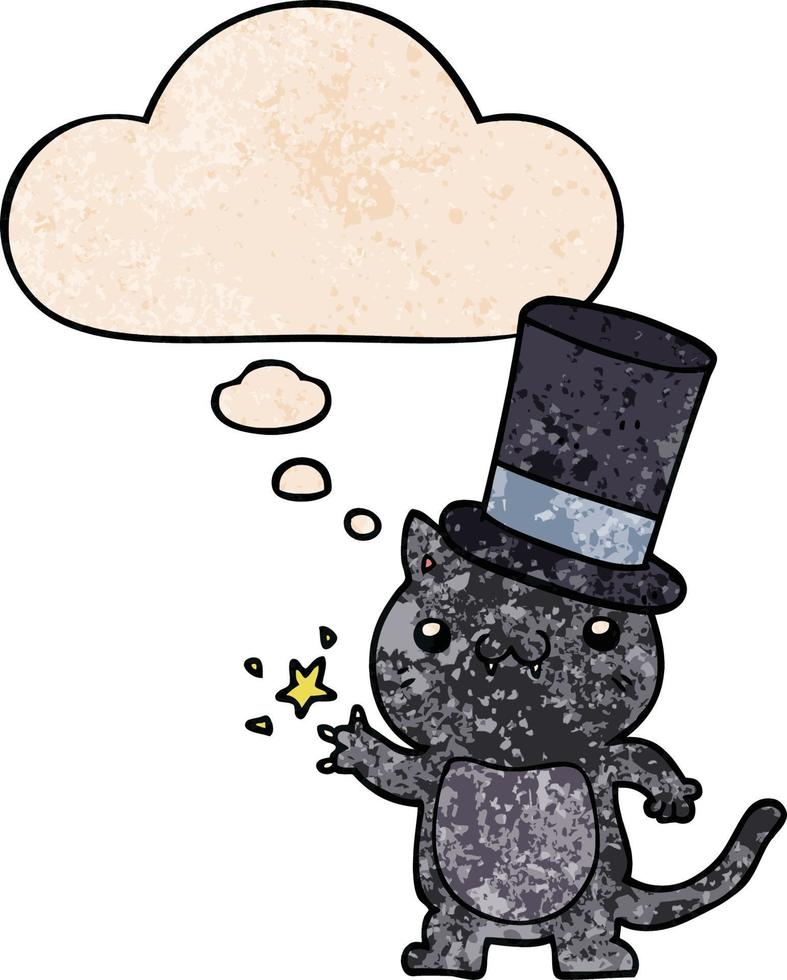 cartoon cat wearing top hat and thought bubble in grunge texture pattern style vector