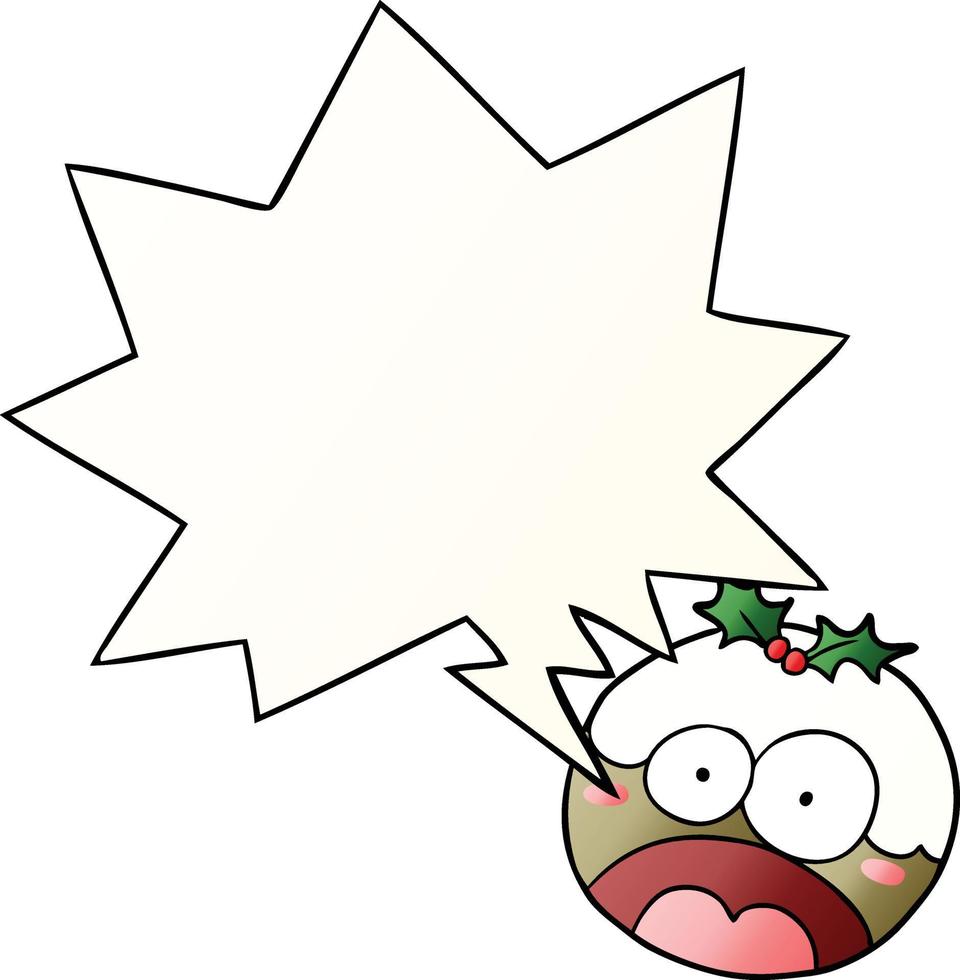 cartoon christmas pudding and shocked face and speech bubble in smooth gradient style vector