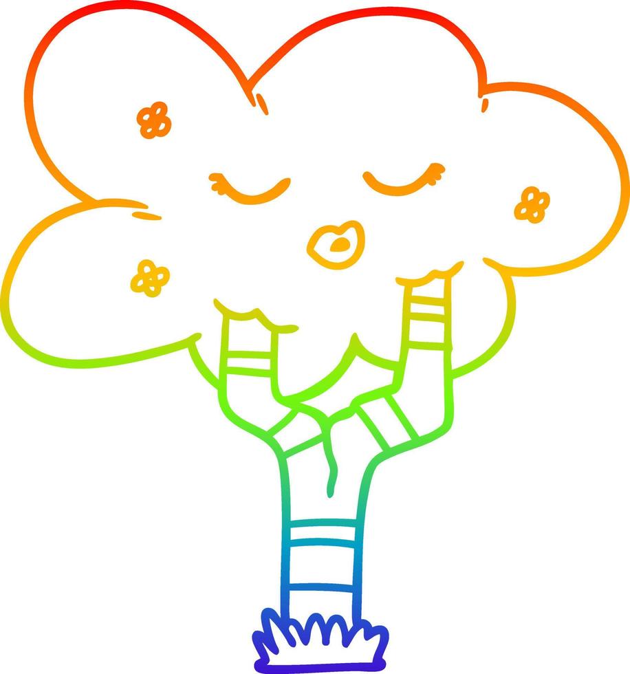 rainbow gradient line drawing cartoon tree with face vector