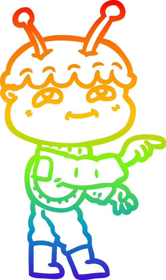 rainbow gradient line drawing friendly cartoon spaceman pointing vector